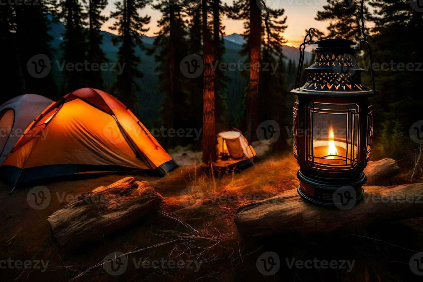 a campfire and tent in the woods at sunset. AI-Generated photo