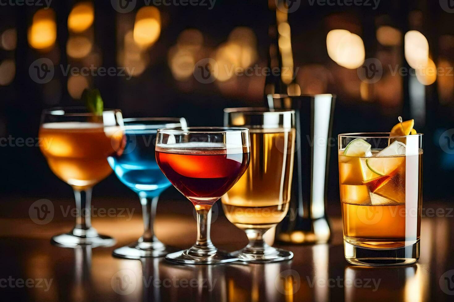 a group of different alcoholic drinks on a bar. AI-Generated photo