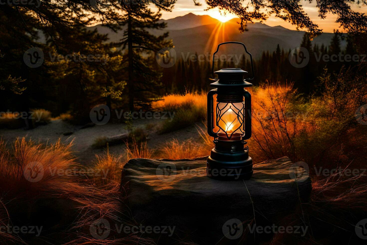a lantern is lit up in the middle of a forest. AI-Generated photo