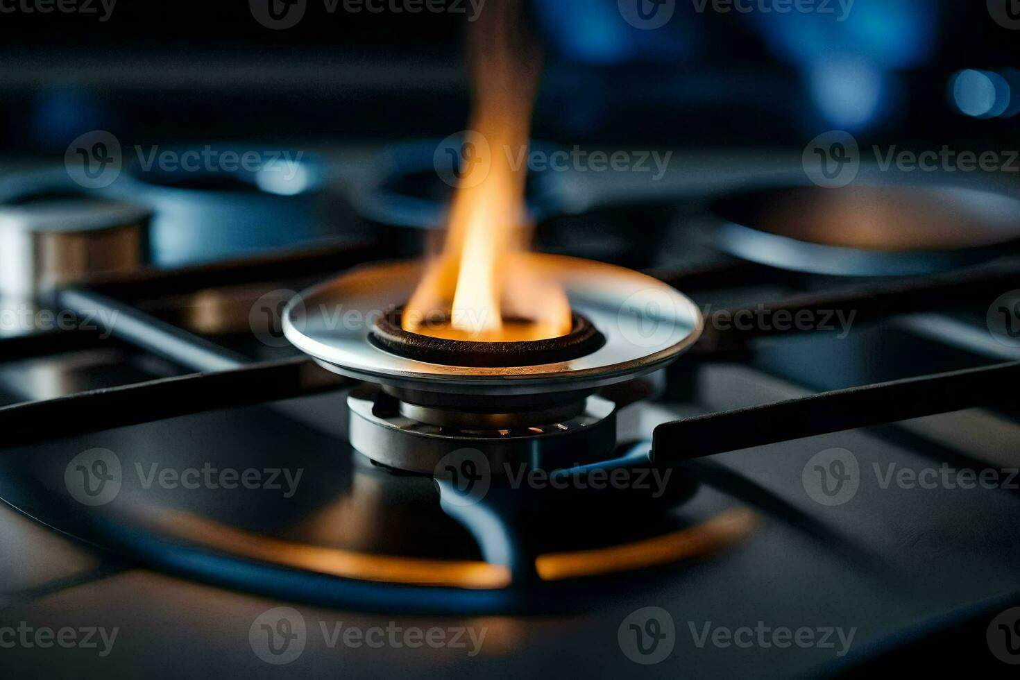 a gas burner on a stove top with flames. AI-Generated photo