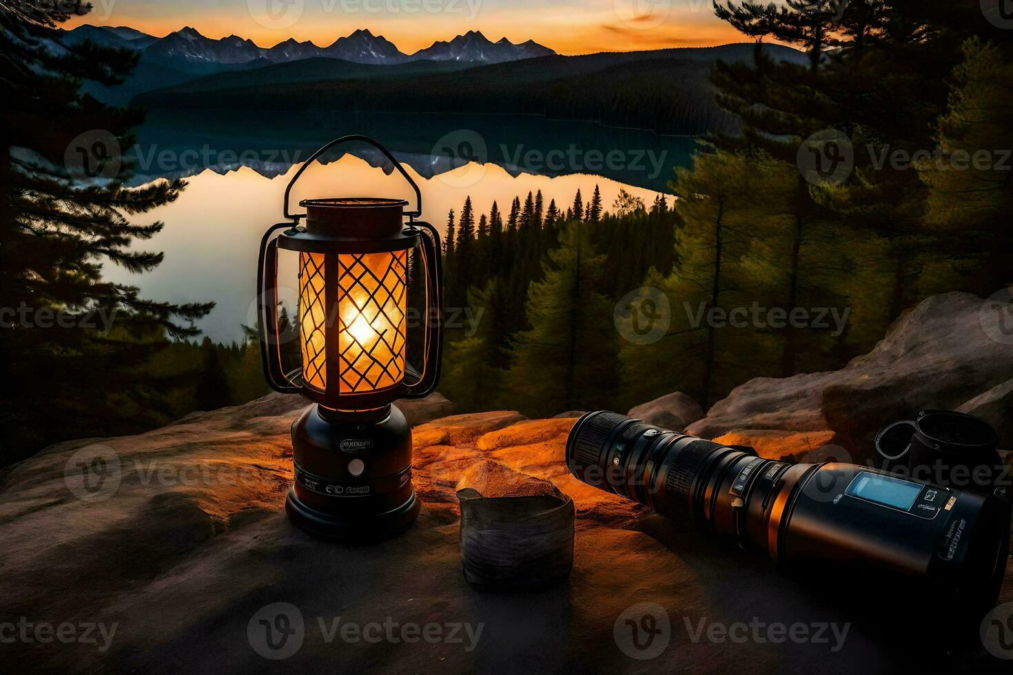 a lantern and camera on a rock near a lake. AI-Generated photo