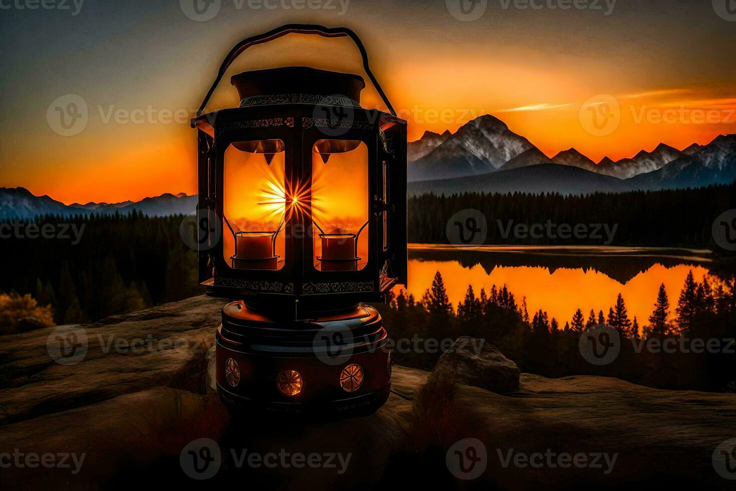 un linterna es iluminado en frente de un lago a puesta de sol. generado por ai foto