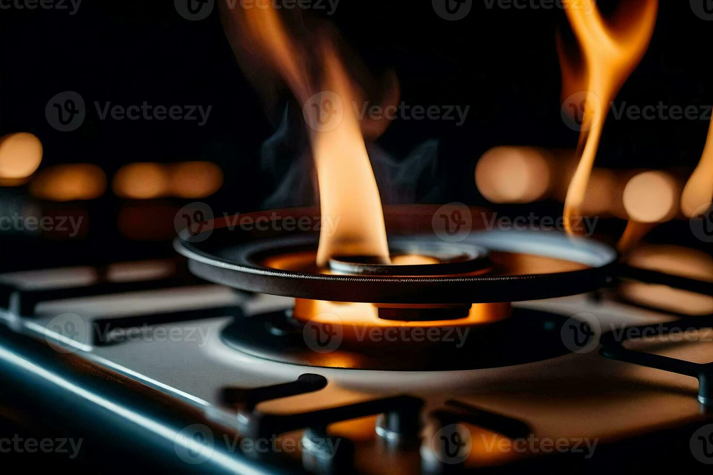 a gas stove with flames on it. AI-Generated photo