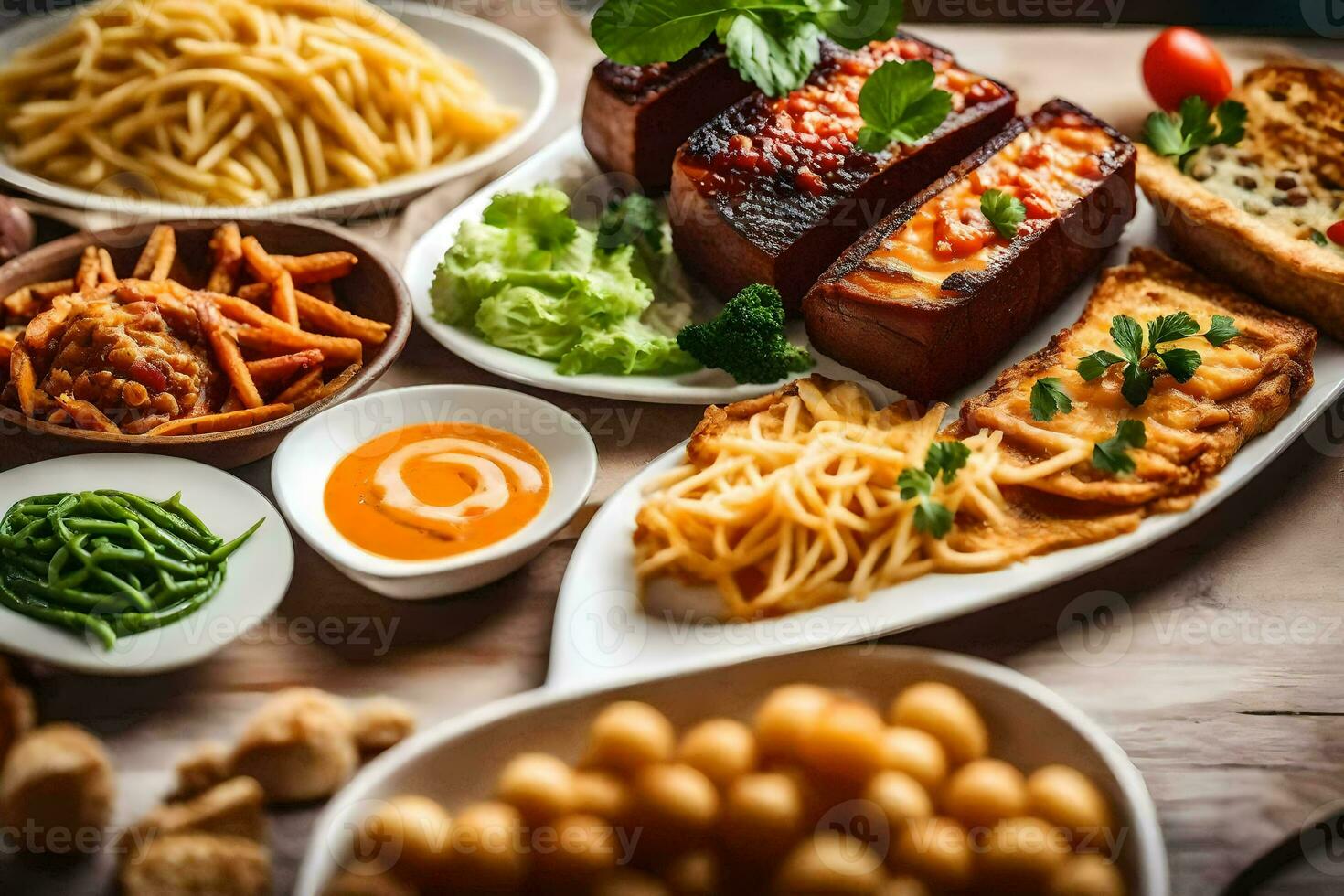 un mesa con varios comidas incluso pan, papas, y carne. generado por ai foto