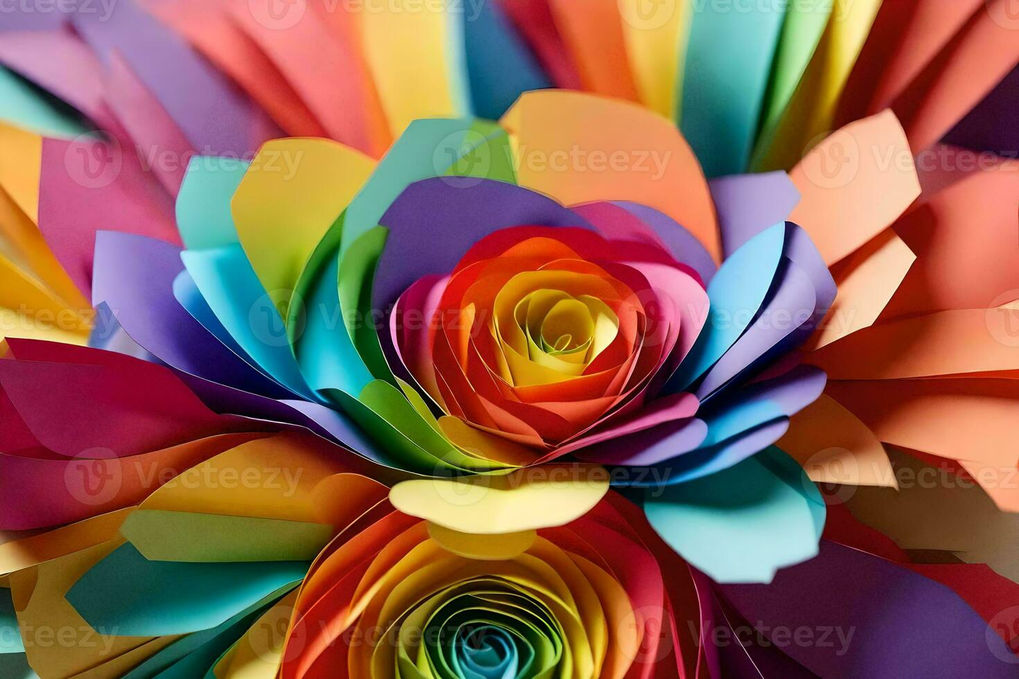 un vistoso papel flor arreglo con un arco iris de colores. generado por ai foto