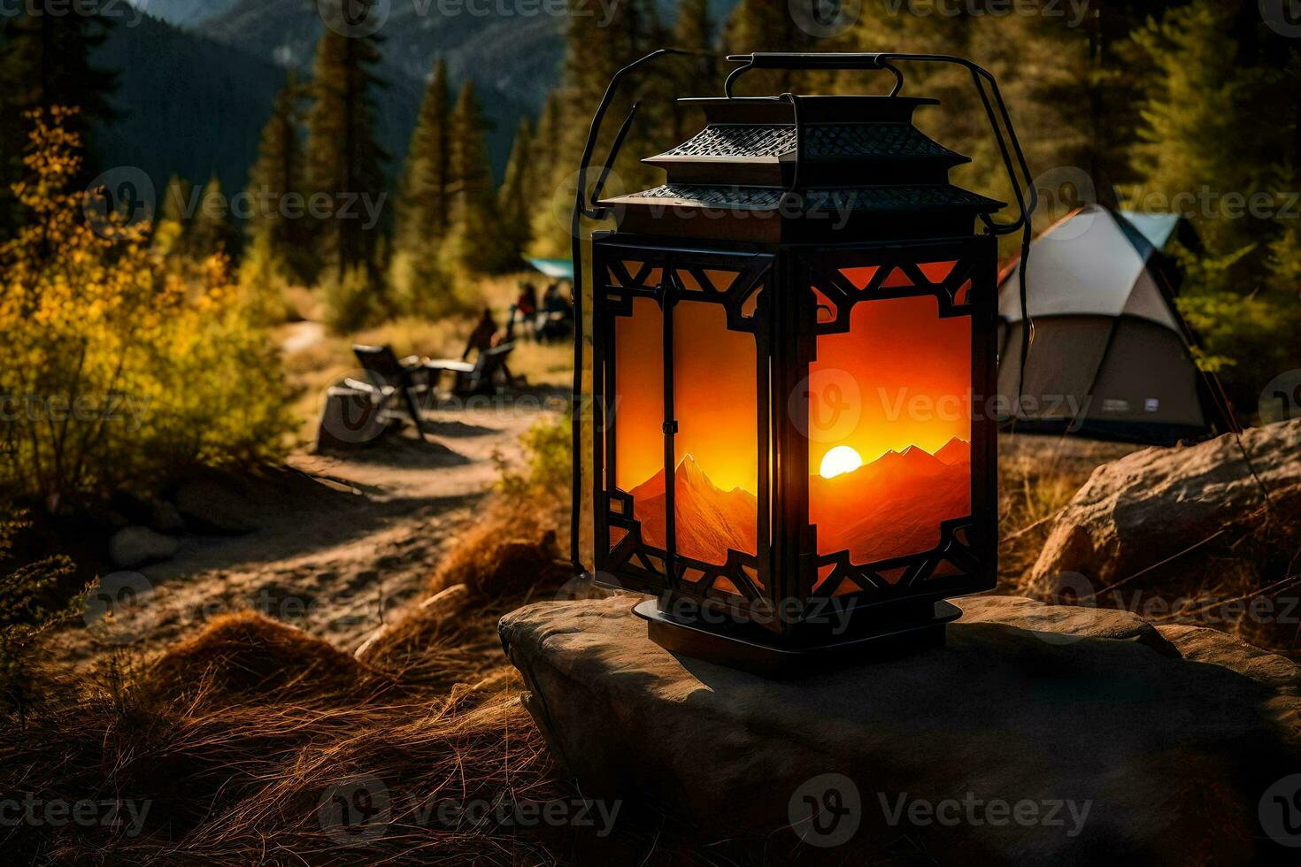 un linterna es iluminado arriba en el medio de un terreno de camping. generado por ai foto