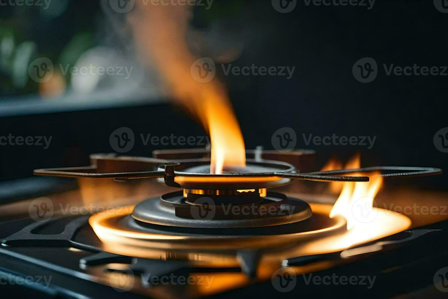 a gas stove with flames coming out of it. AI-Generated photo