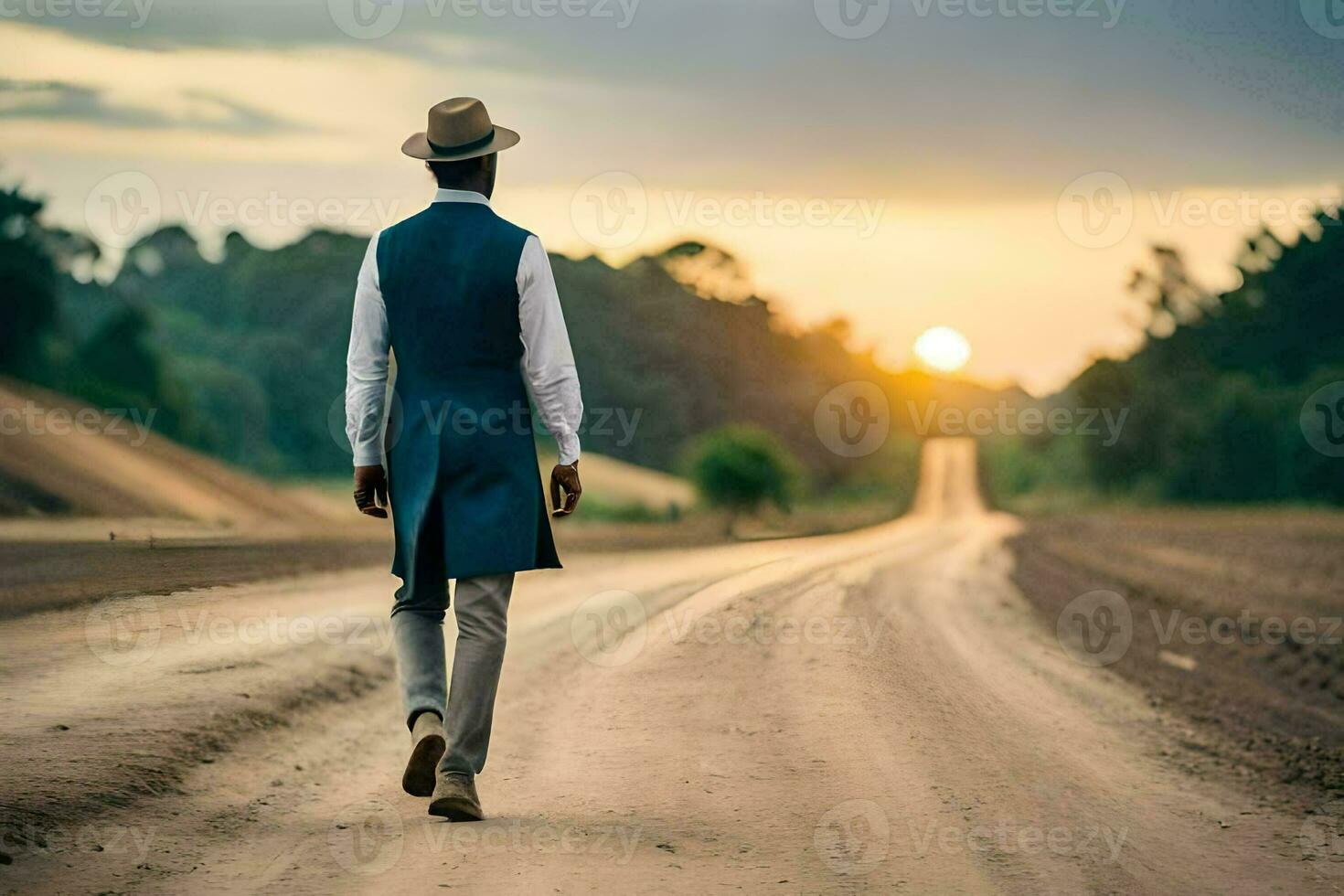 un hombre en un sombrero y chaleco caminando abajo un suciedad la carretera. generado por ai foto