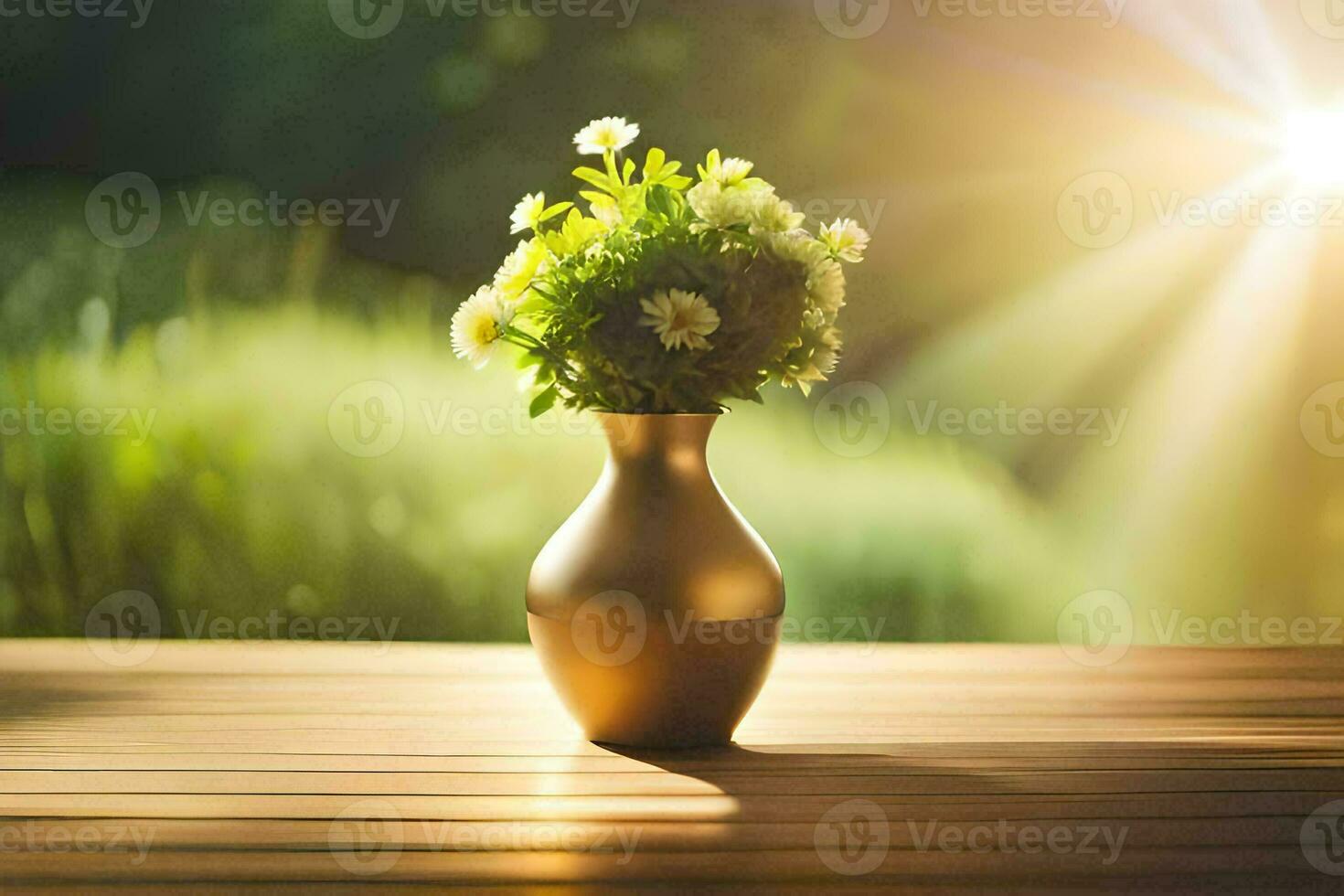 a vase with flowers on a wooden table in the sun. AI-Generated photo