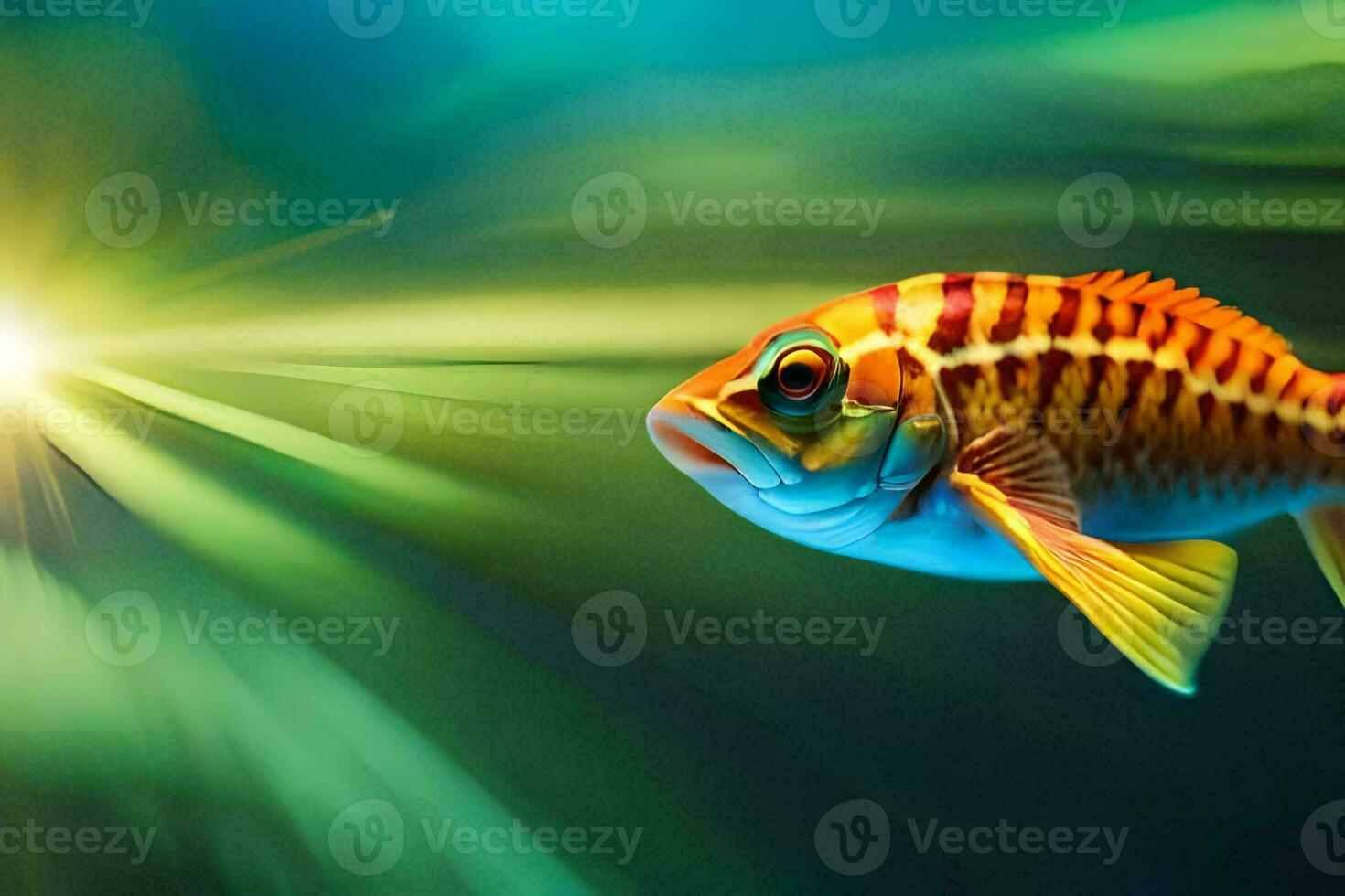 a fish swimming in the water with a bright light. AI-Generated photo