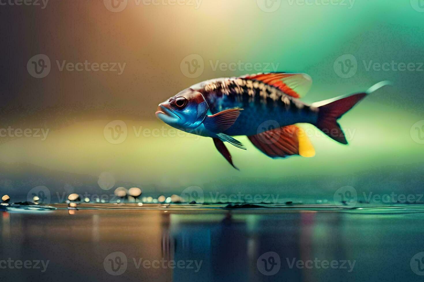 a fish is flying over water with bubbles. AI-Generated photo