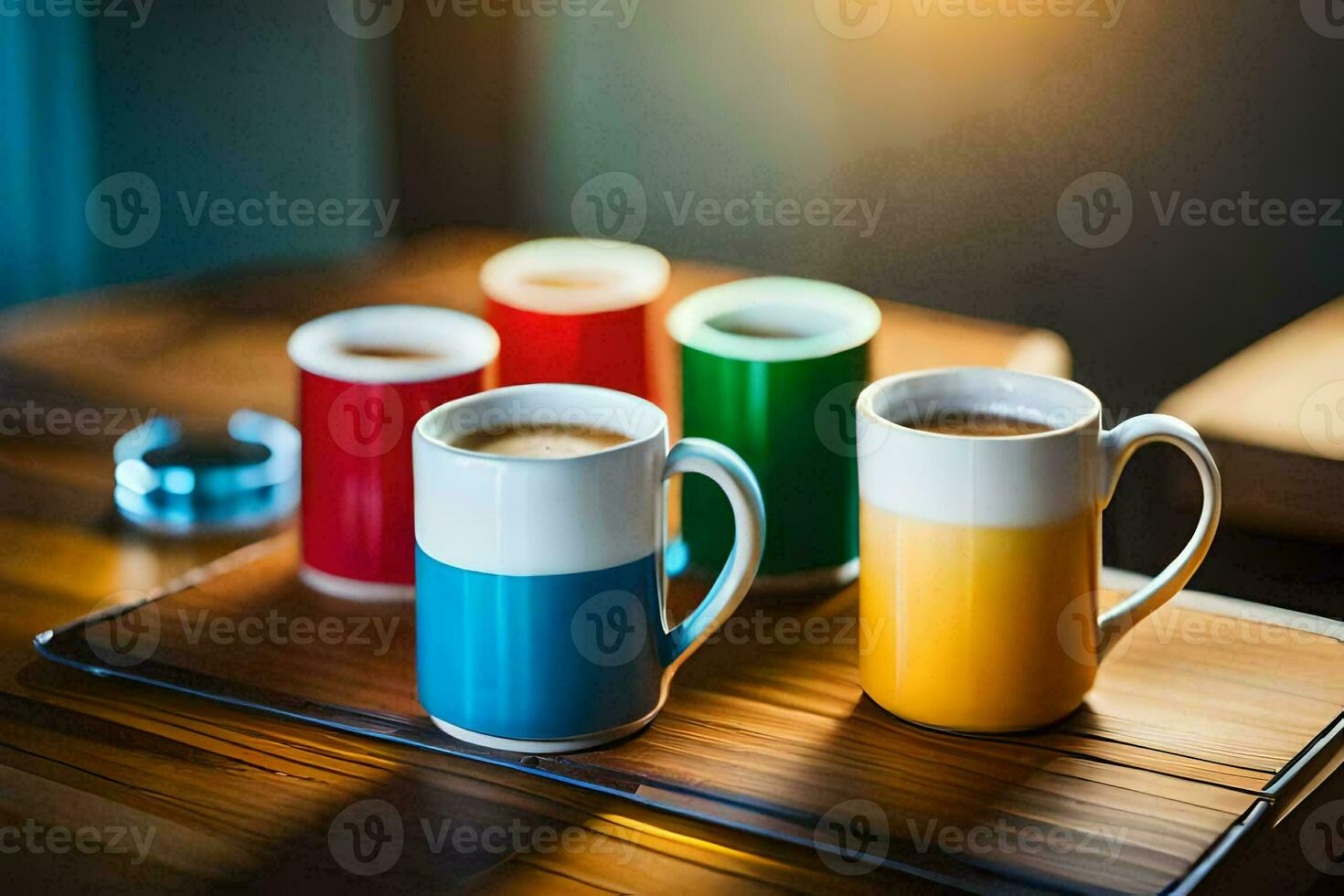 cuatro café tazas en un de madera bandeja. generado por ai foto