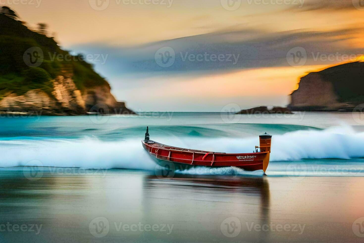 un barco en el Oceano a puesta de sol. generado por ai foto