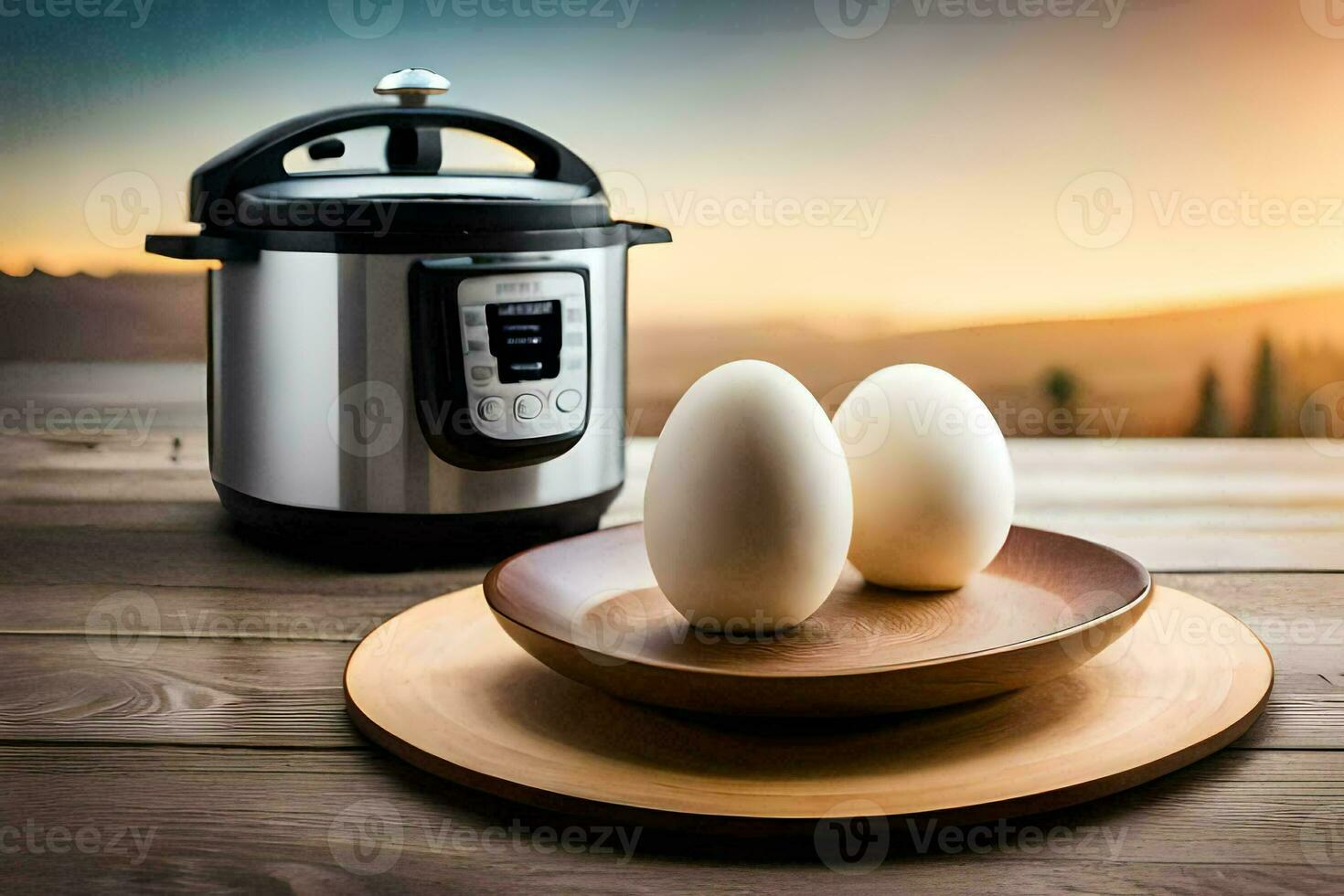 two eggs on a plate next to an instant pot. AI-Generated photo