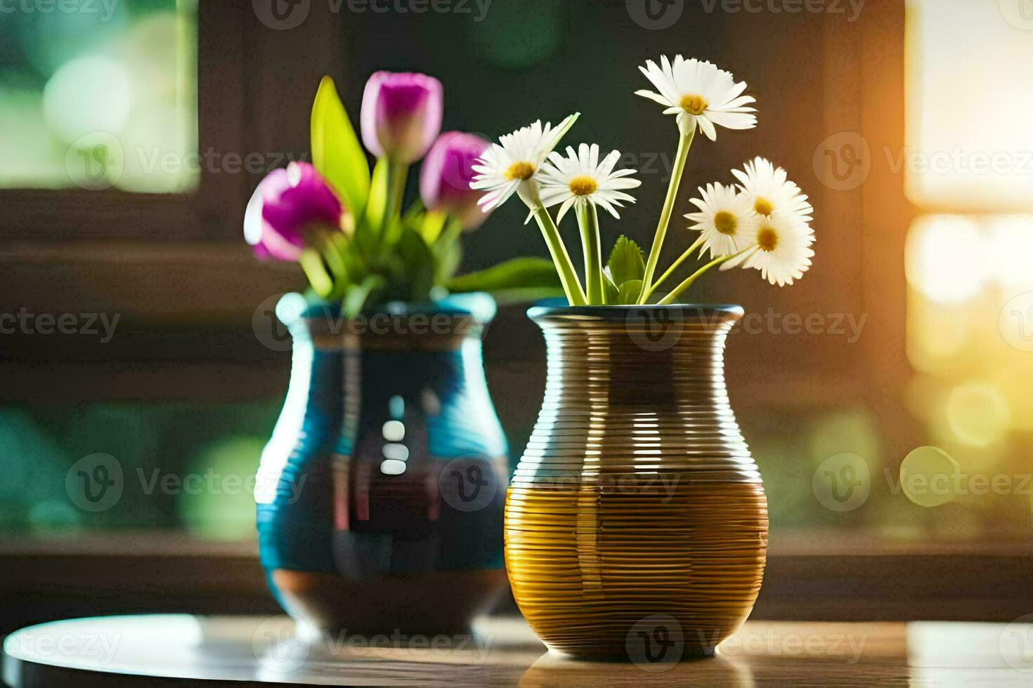 two vases with flowers on a table. AI-Generated photo