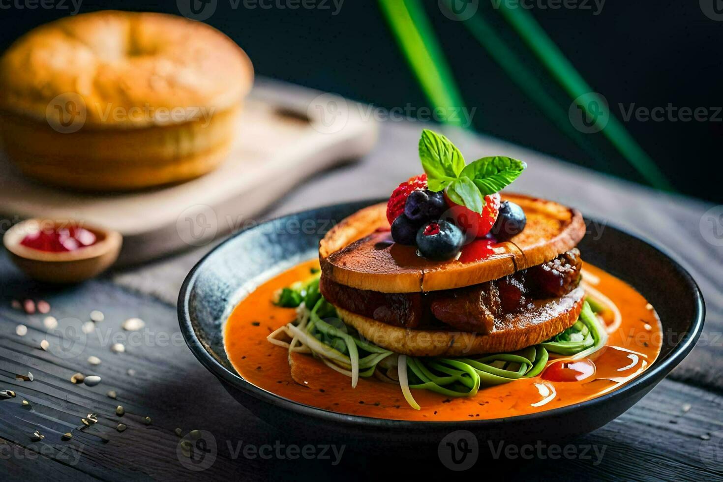 a plate with a sandwich and a bowl of soup. AI-Generated photo