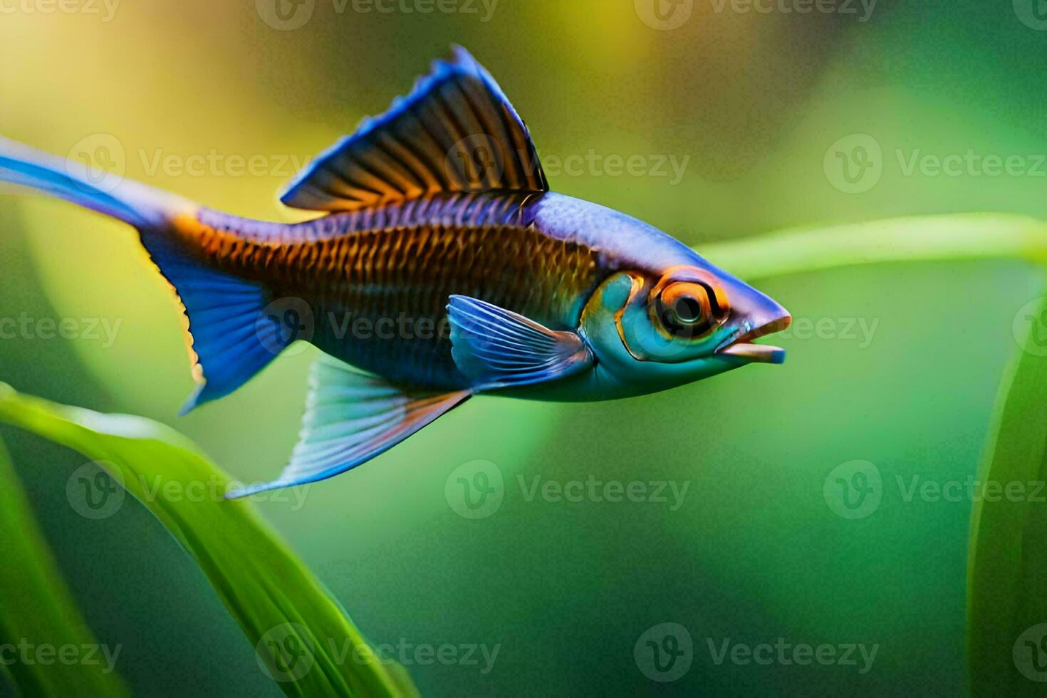 a fish with blue and orange colors is swimming in the water. AI-Generated photo