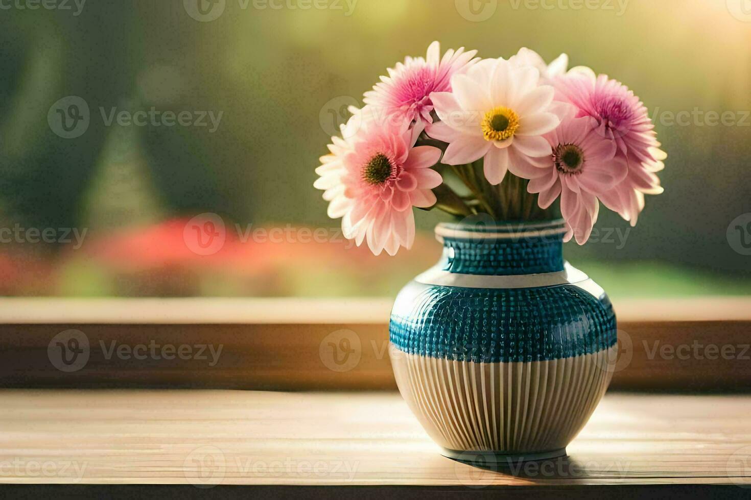 a vase with pink flowers sitting on a table. AI-Generated photo