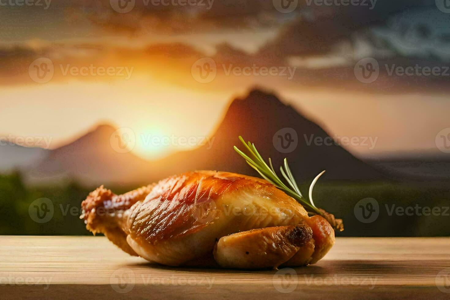 chicken on the table with mountains in the background. AI-Generated photo