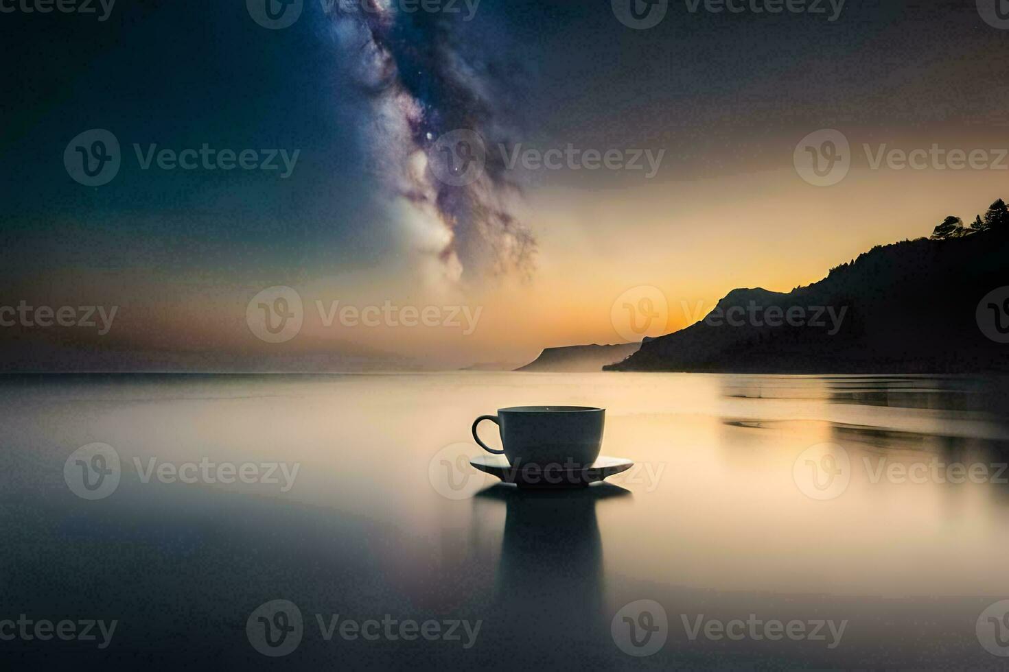 a cup of coffee sits on the beach at sunset. AI-Generated photo