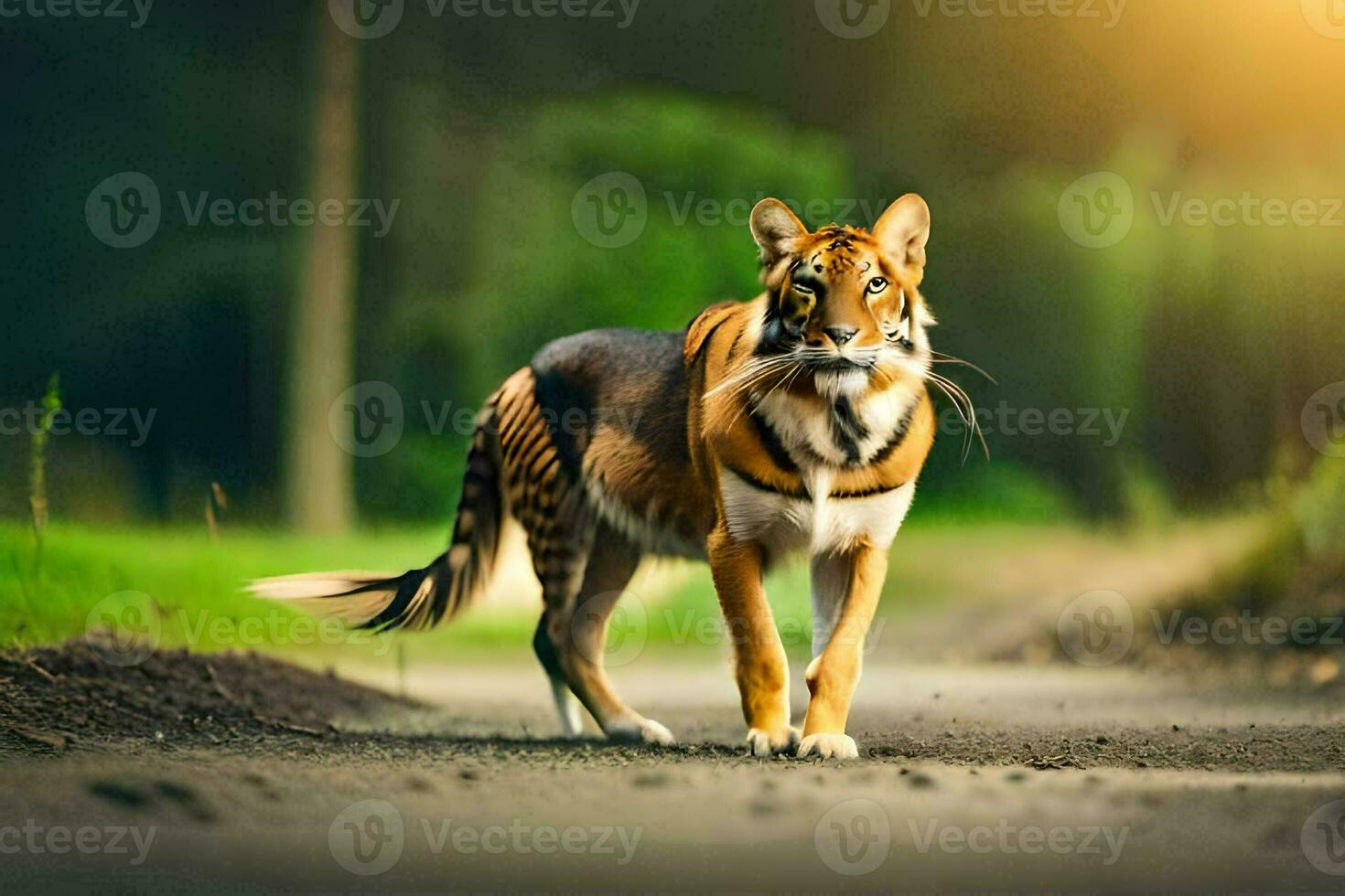 a tiger walking on a road in the middle of the day. AI-Generated photo