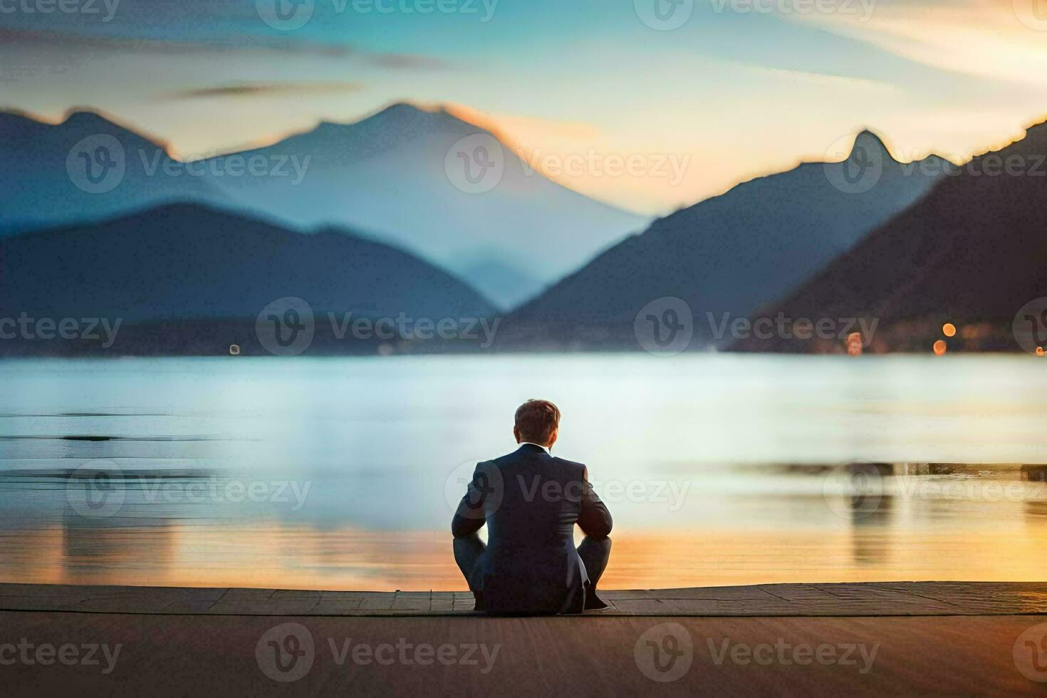 a man in a suit sits on the dock at sunset. AI-Generated photo