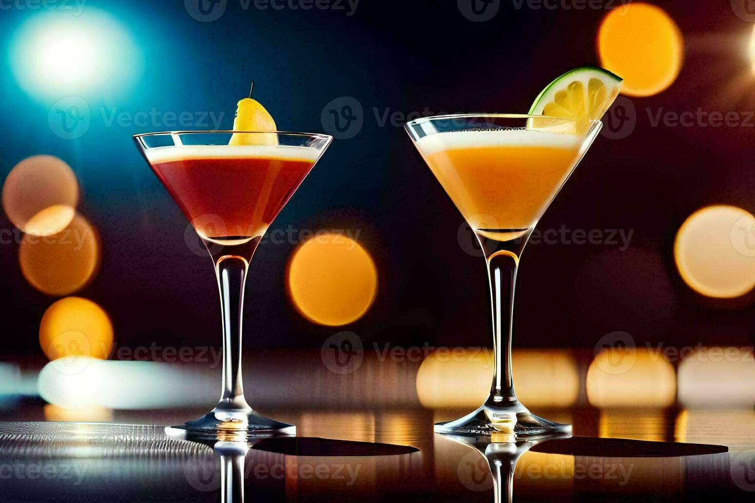 two cocktails on a table with a bright light. AI-Generated photo