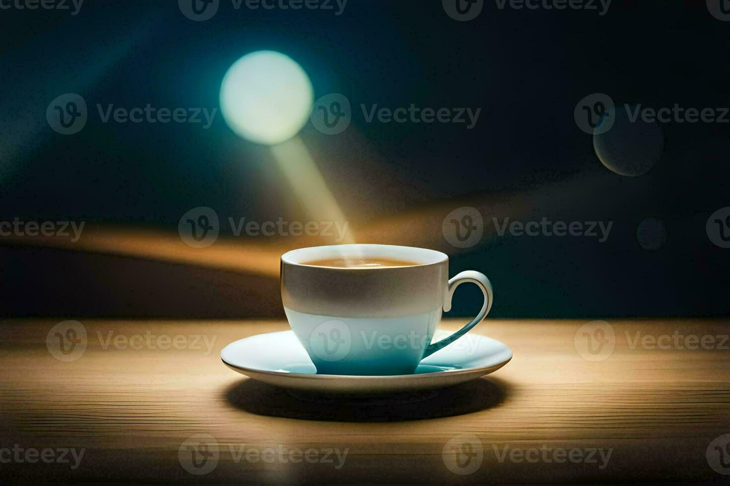 a cup of coffee on a wooden table with a blurry background. AI-Generated photo