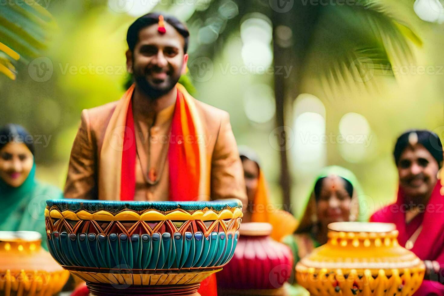 a man in traditional indian attire is holding a pot. AI-Generated photo