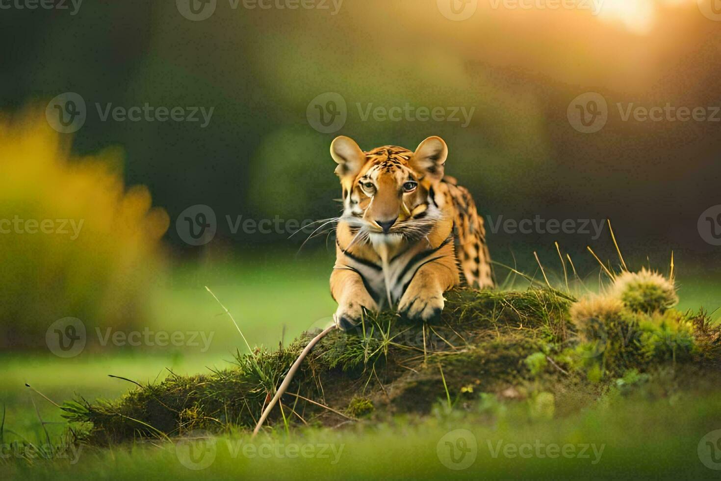 a tiger sitting on a rock in the grass. AI-Generated photo