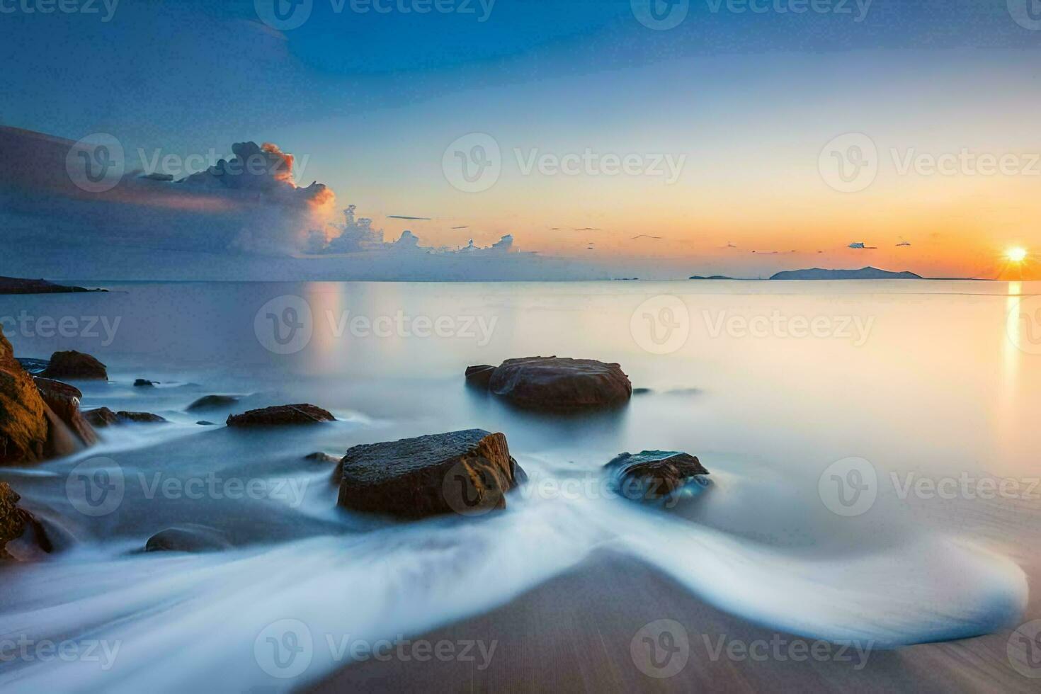 a long exposure photograph of the sun setting over the ocean. AI-Generated photo