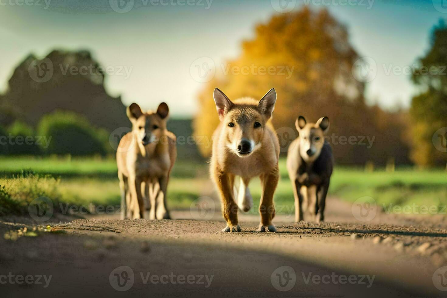 three dogs walking down a dirt road. AI-Generated photo