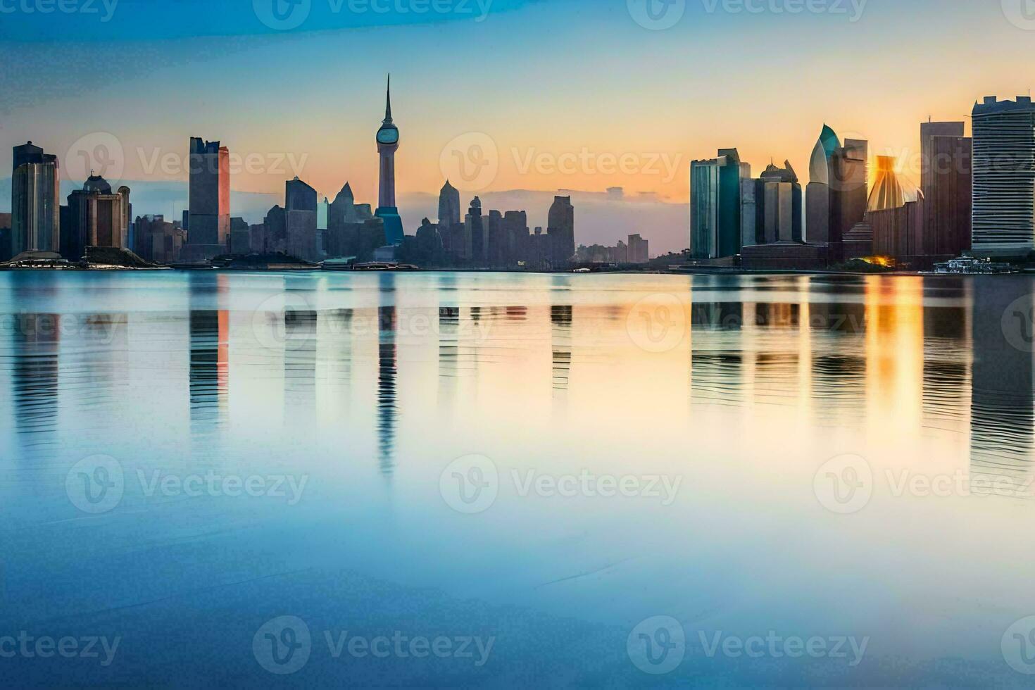 the city skyline is reflected in the water at sunset. AI-Generated photo