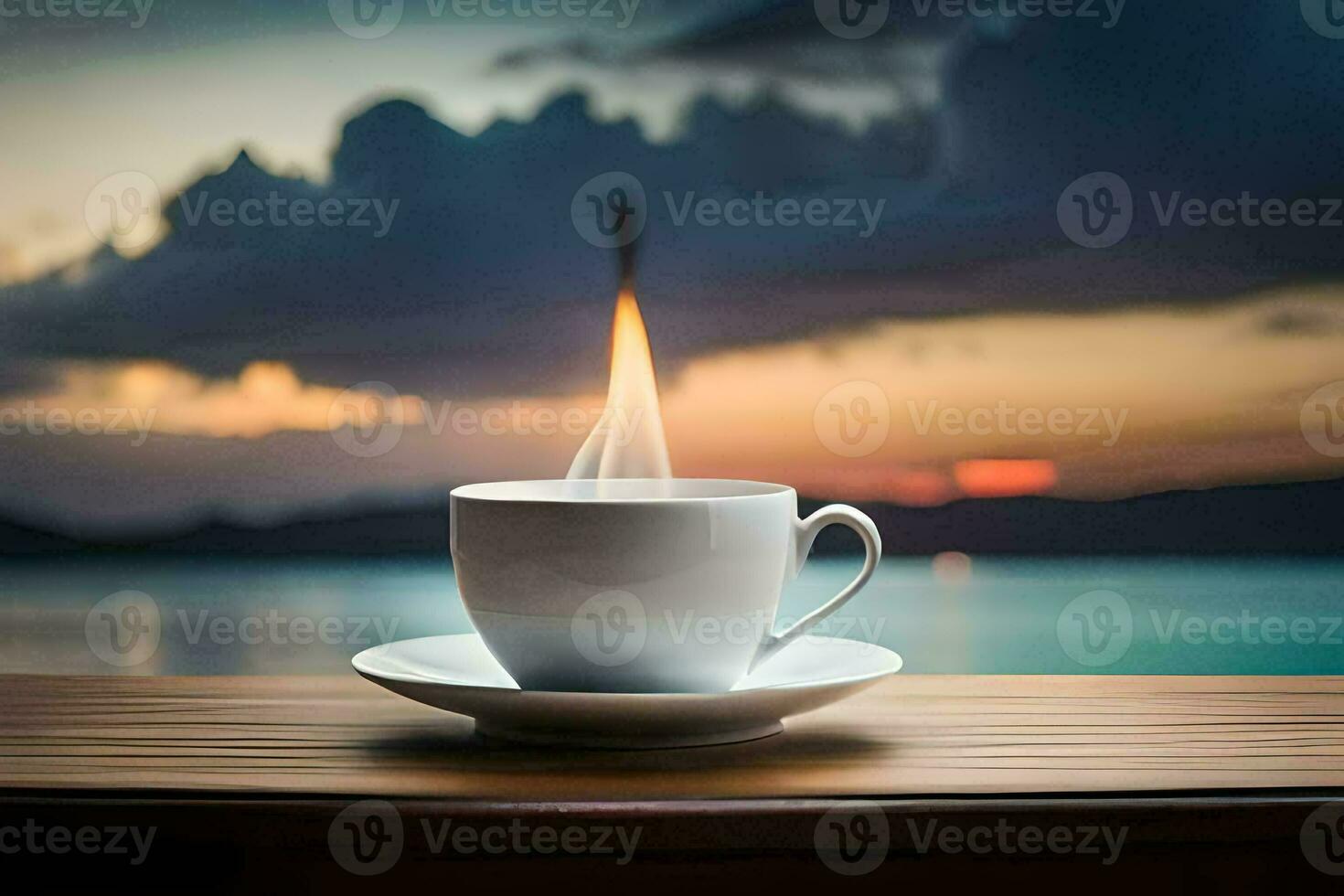 a cup of coffee on a wooden table with a fire coming out of it. AI-Generated photo
