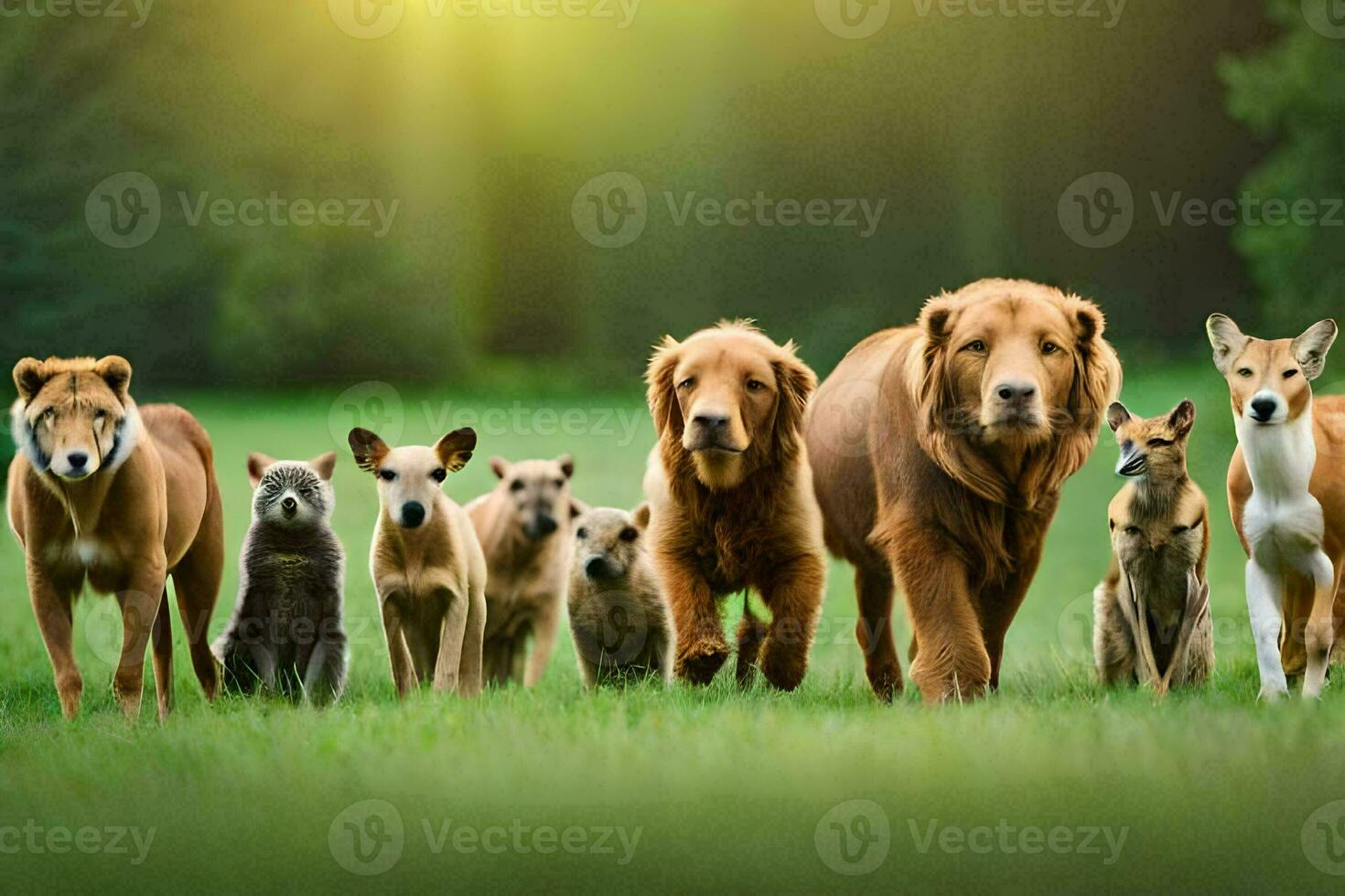 a group of dogs and puppies running in the grass. AI-Generated photo
