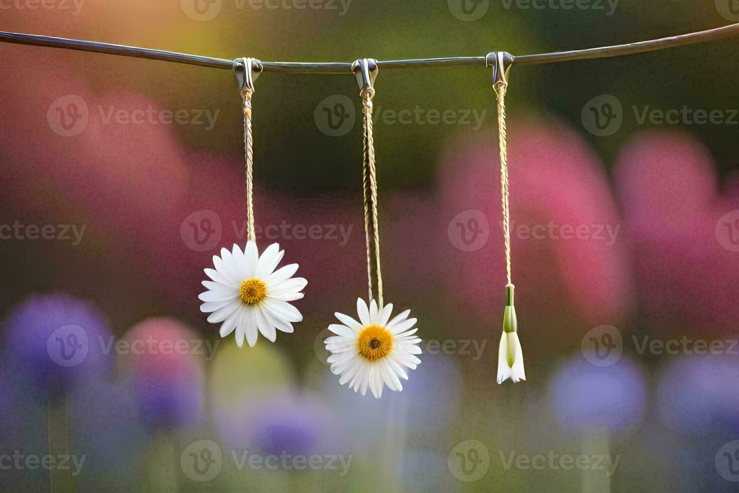 three daisies hanging from a wire. AI-Generated photo