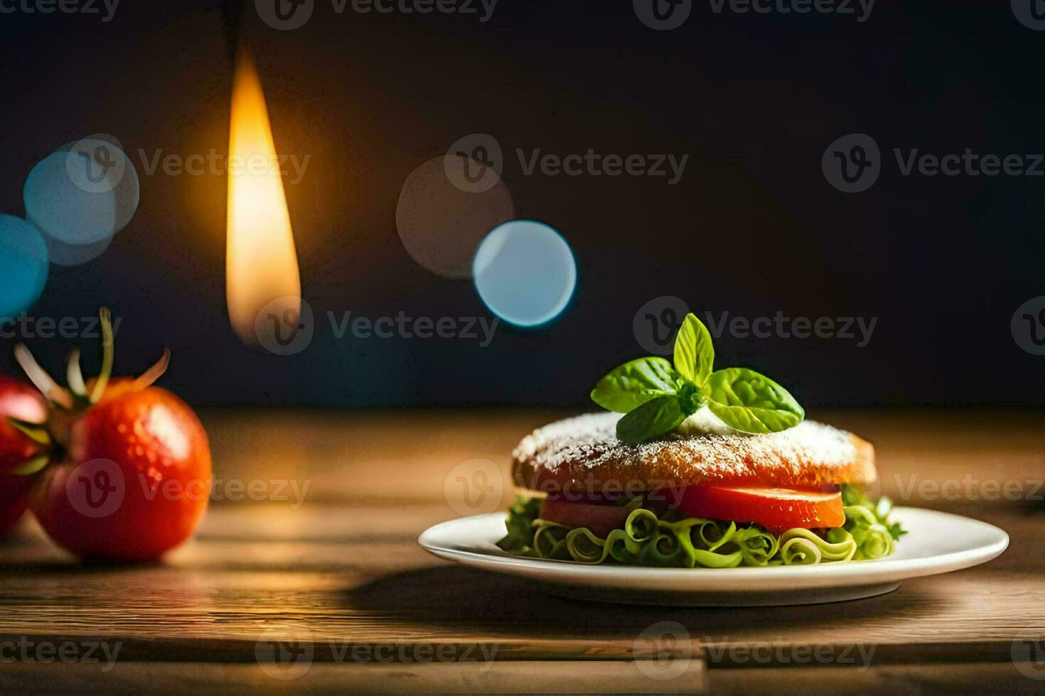 a sandwich with tomatoes and basil on a plate. AI-Generated photo