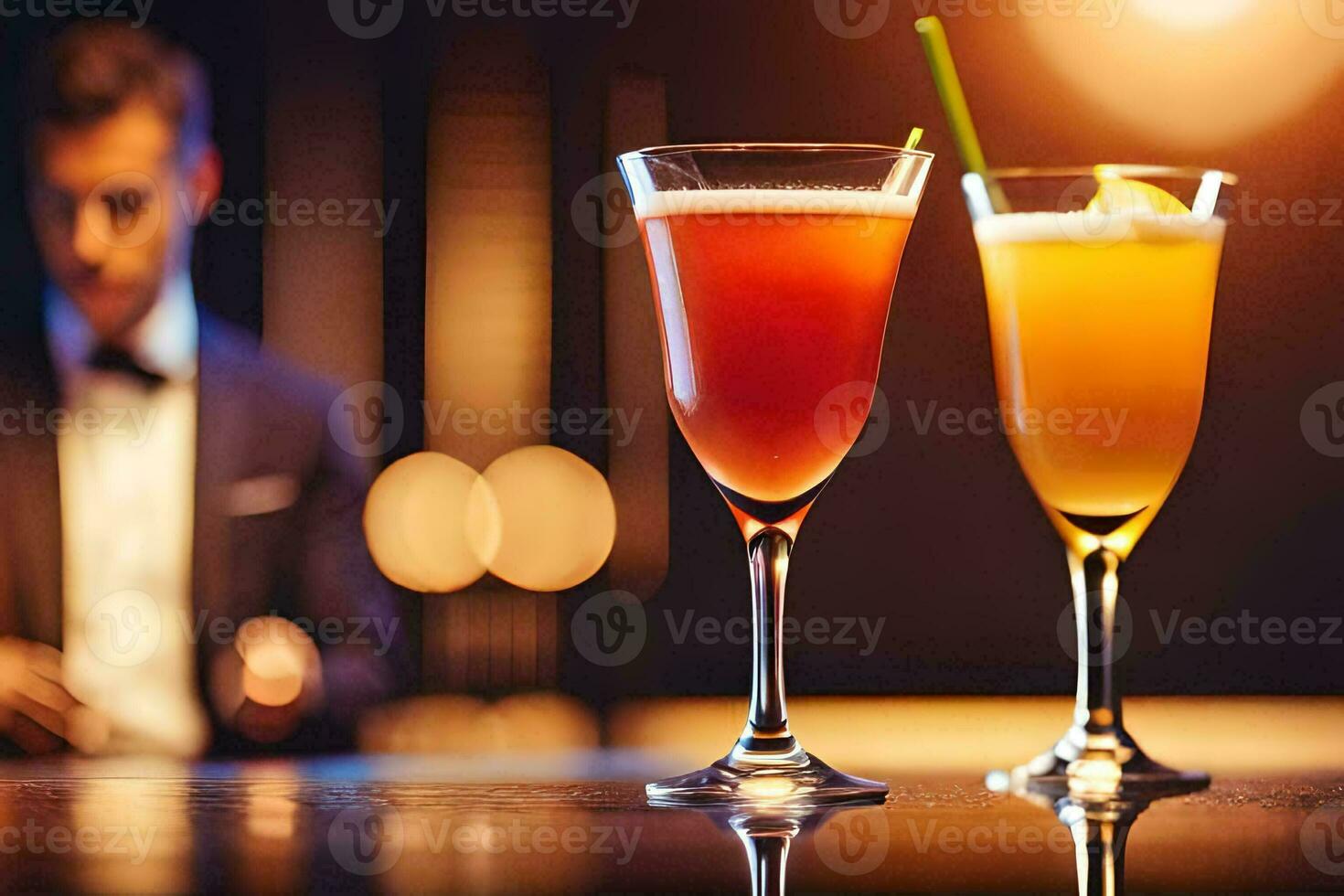 two glasses of cocktails on a bar counter. AI-Generated photo