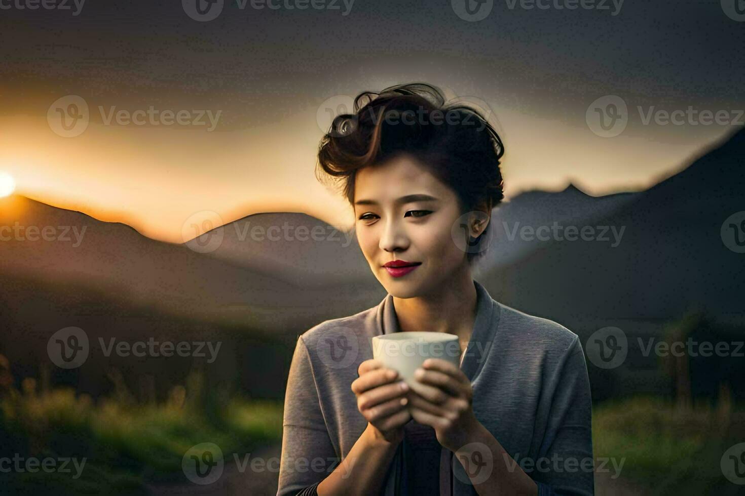 a woman holding a cup of coffee in front of a mountain. AI-Generated photo