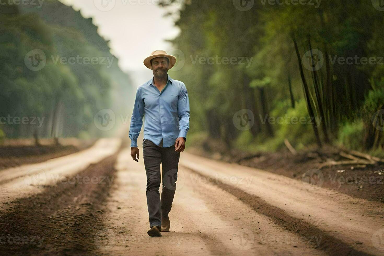 a man wearing a hat walks down a dirt road. AI-Generated photo