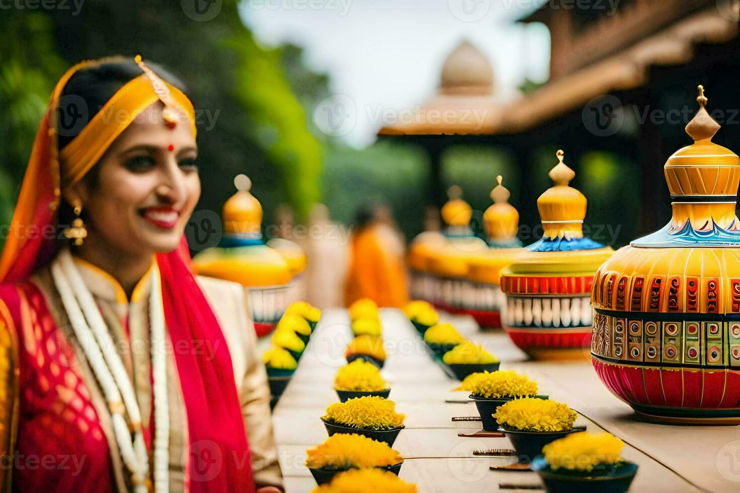 a woman in traditional indian attire is smiling at the camera. AI-Generated photo