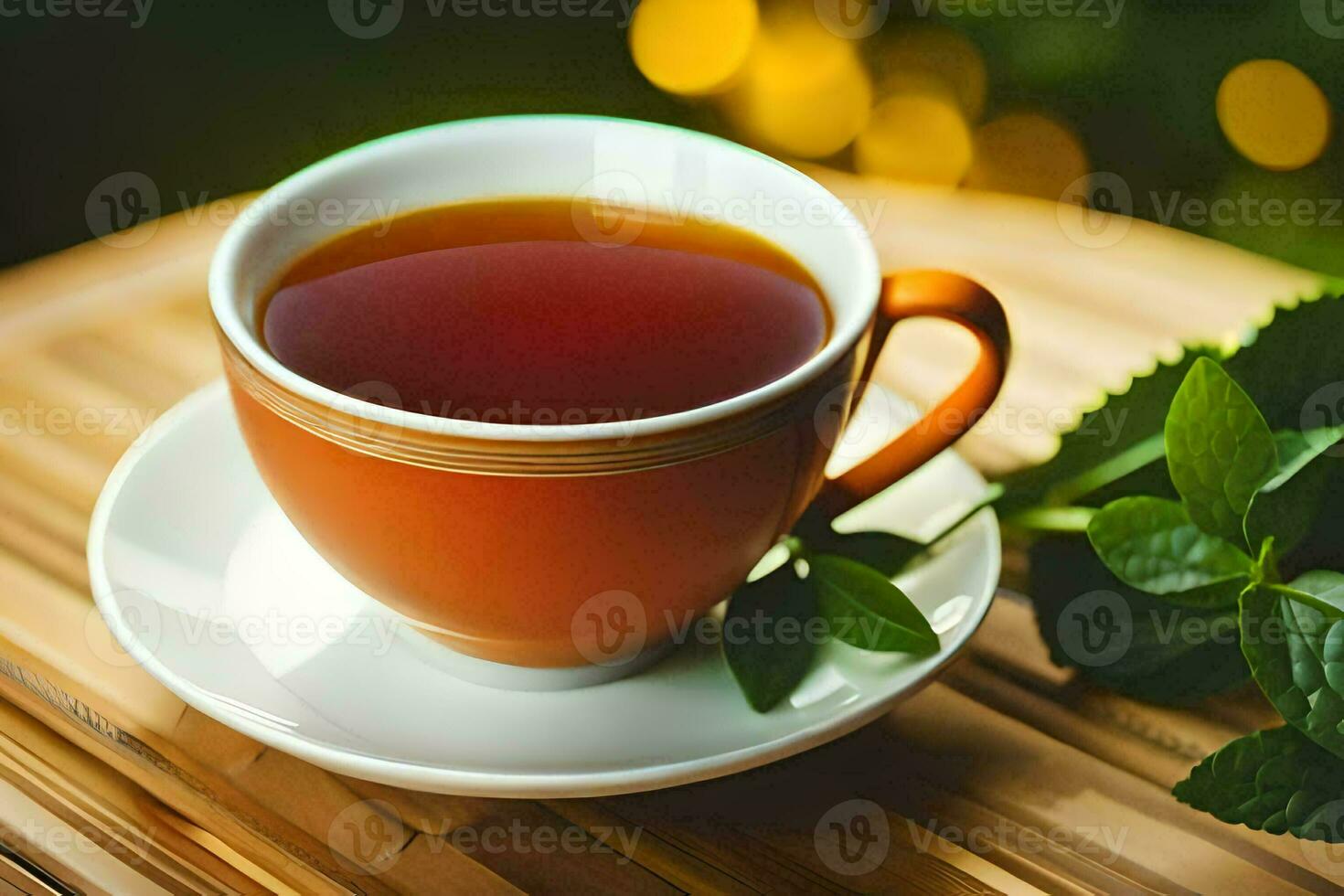 a cup of tea on a wooden table. AI-Generated photo