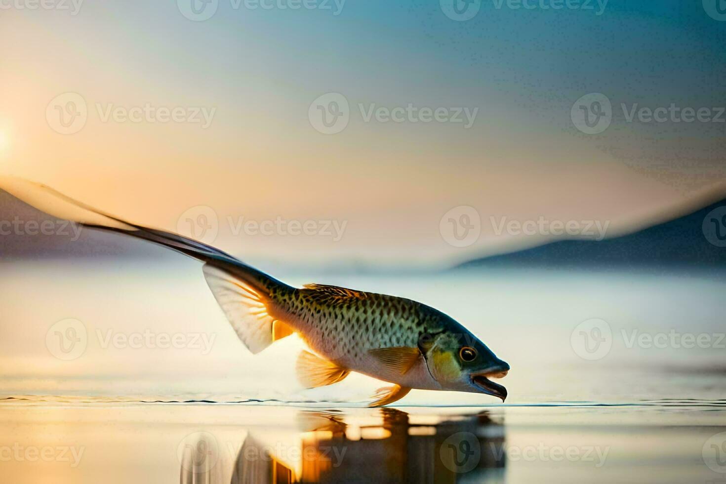 un pescado es saltando fuera de el agua a puesta de sol. generado por ai foto