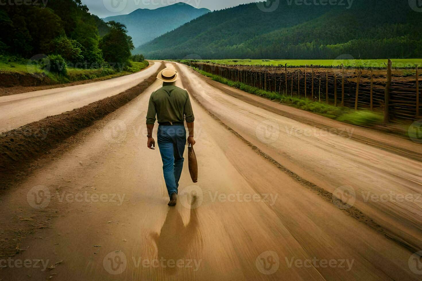 a man in a cowboy hat walks down a dirt road. AI-Generated photo