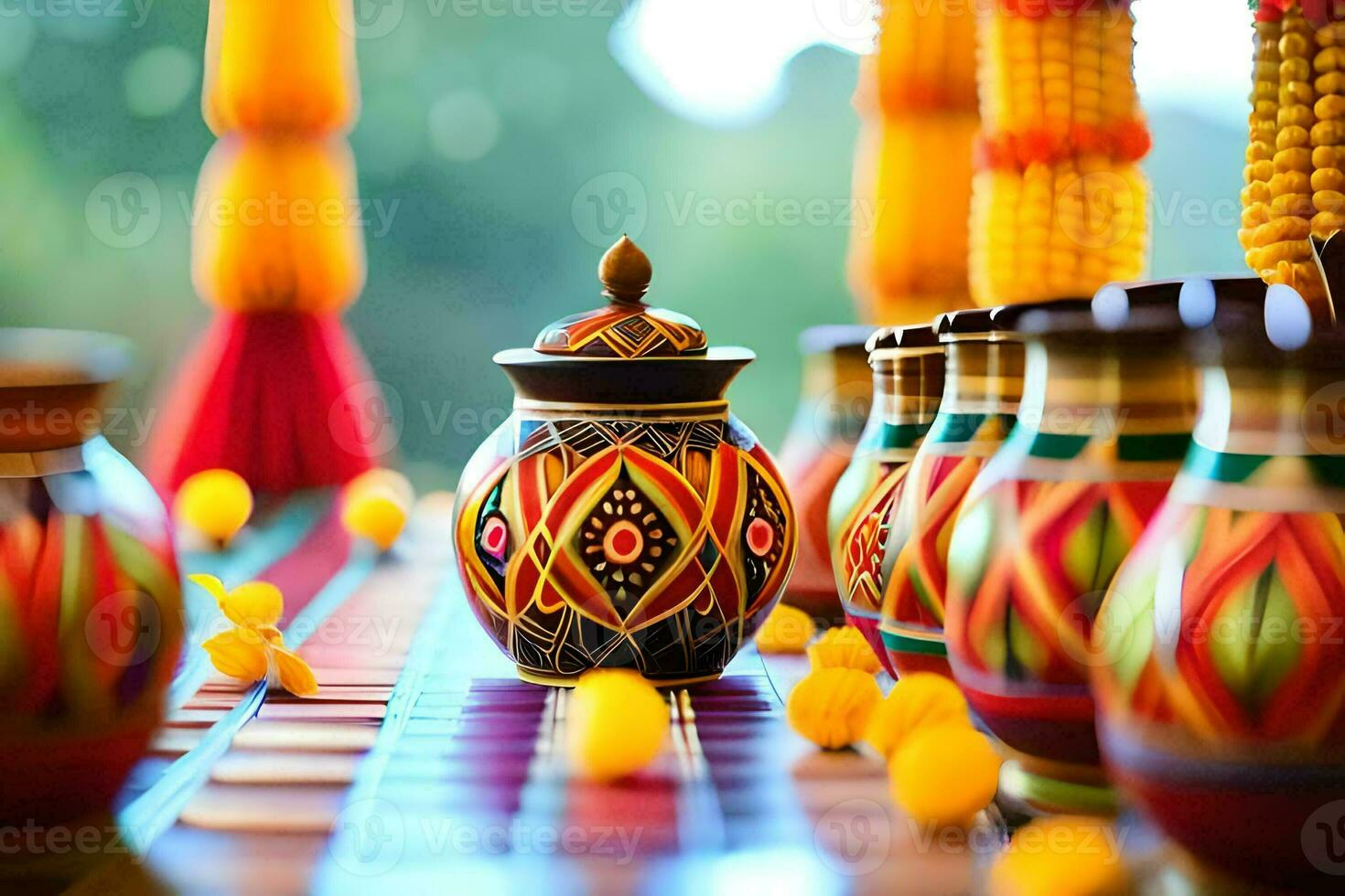 colorful vases and yellow flowers on a table. AI-Generated photo