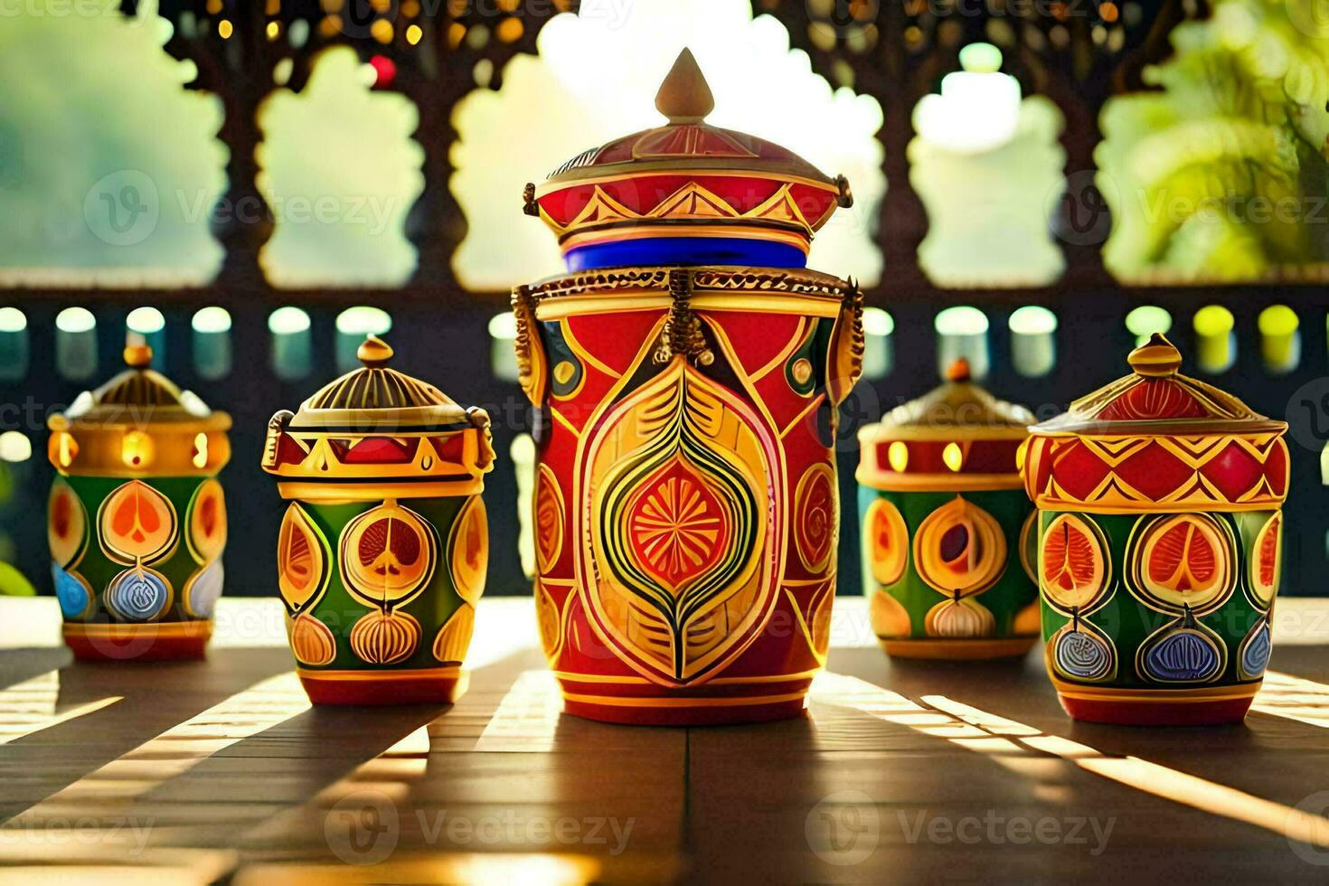 colorful decorative lamps on a wooden table. AI-Generated photo