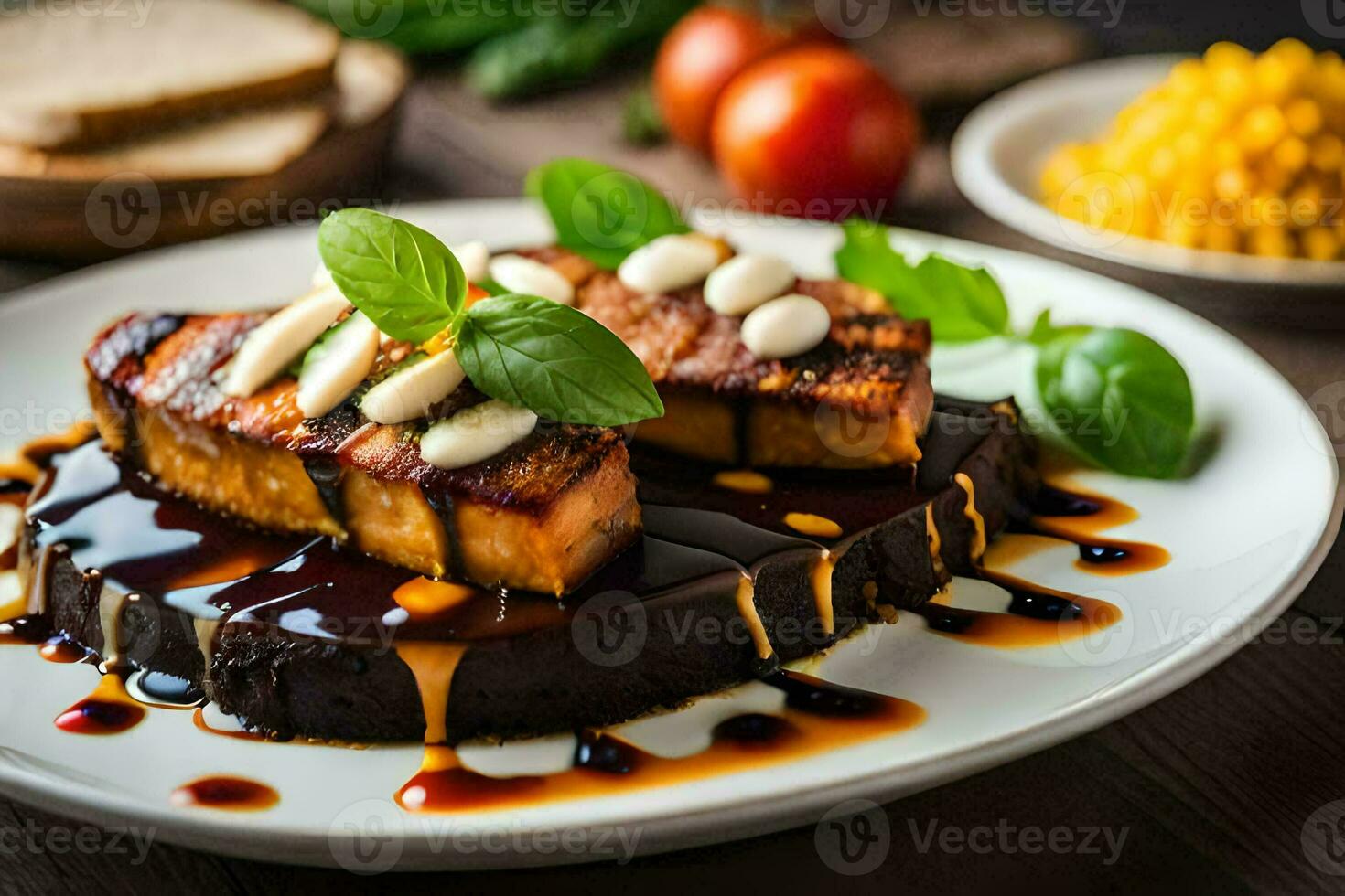 grilled salmon on a plate with sauce and vegetables. AI-Generated photo