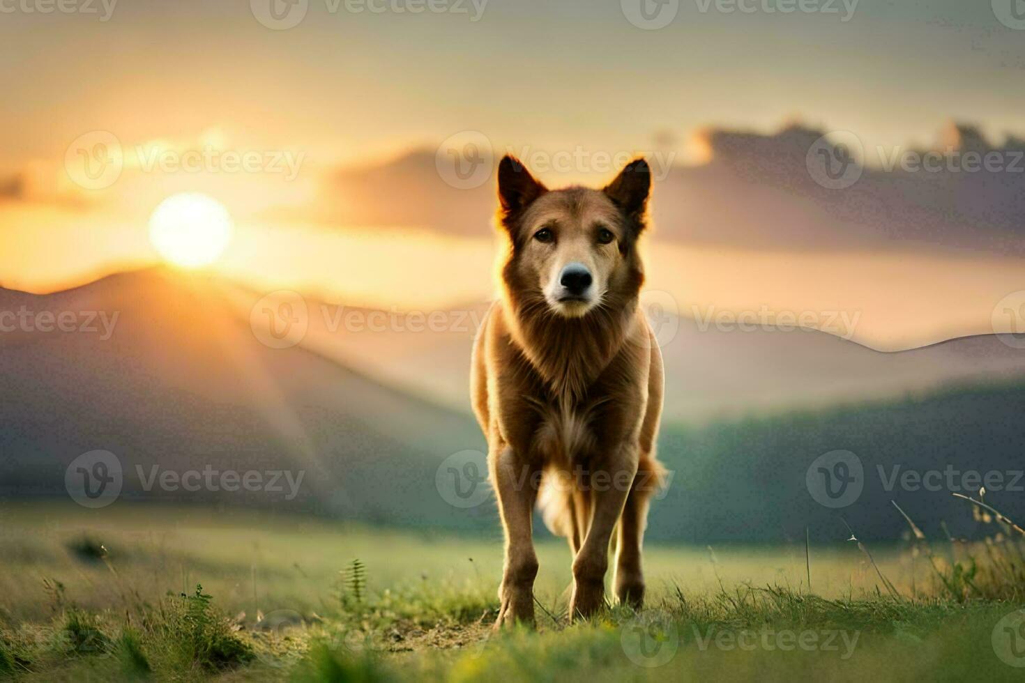 a dog is standing in the middle of a field at sunset. AI-Generated photo