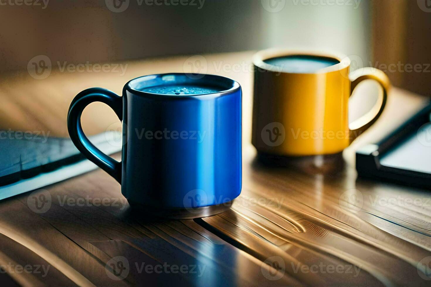 two coffee mugs on a wooden table. AI-Generated photo