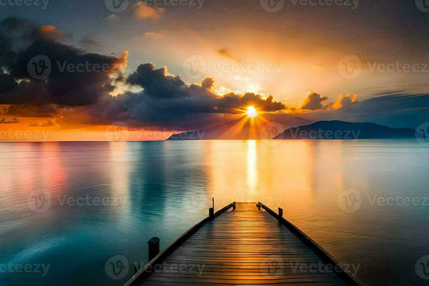 a wooden dock in the ocean at sunset. AI-Generated photo